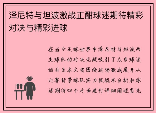 泽尼特与坦波激战正酣球迷期待精彩对决与精彩进球